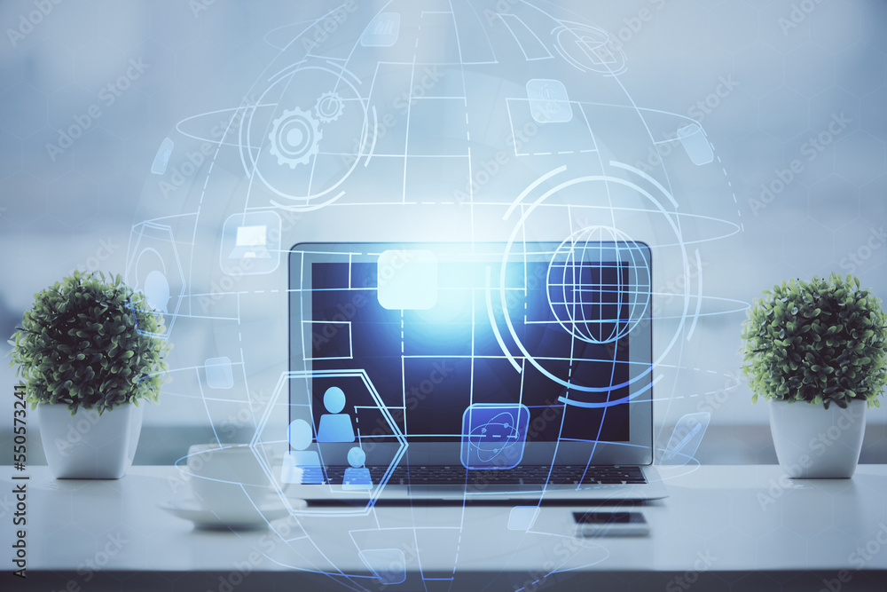Poster computer on desktop with social network hologram. double exposure. concept of international people c