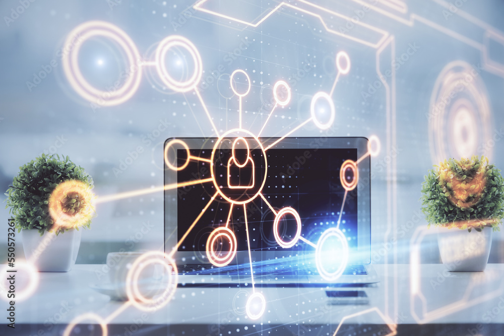 Poster computer on desktop with social network hologram. double exposure. concept of international people c