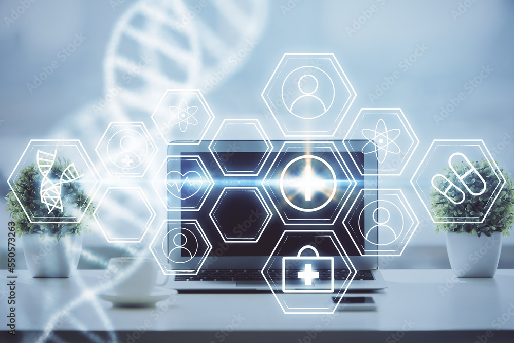 Poster desktop computer background and dna drawing. double exposure. science concept.