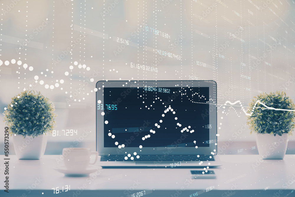 Aufkleber Double exposure of table with computer on background and data theme drawing. Concept of innovation.