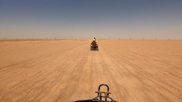Off Road Quad Bikes Travel Egyptian Safari Desert, Hurghada Egypt Adventure Trip in the Dunes, Sand, Wide Horizon, 60 Fps