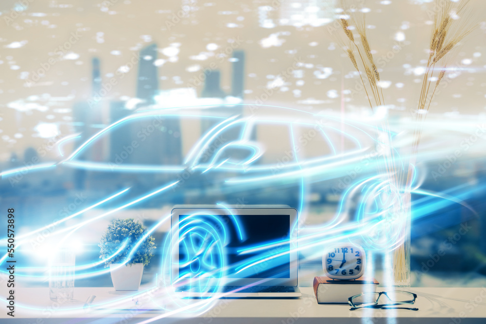 Poster Desktop computer background in office with automobile hologram drawing. Multi exposure. Tech concept.