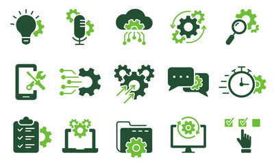 Innovation Business Process Color Icon. Gear, Computer, Tool, Speech Bubble Digital Setting Pictogram. Technology Configuration Silhouette Icon. Isolated Vector Illustration
