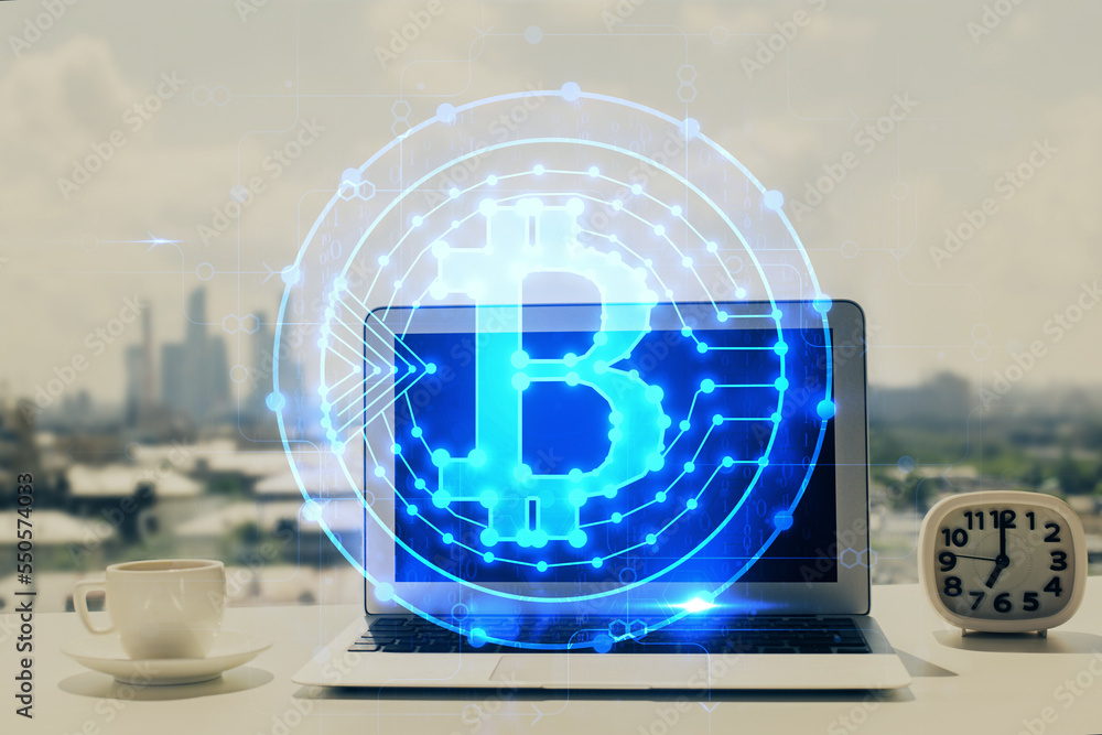 Poster Double exposure of blockchain and crypto economy theme hologram and table with computer background. Concept of bitcoin cryptocurrency.