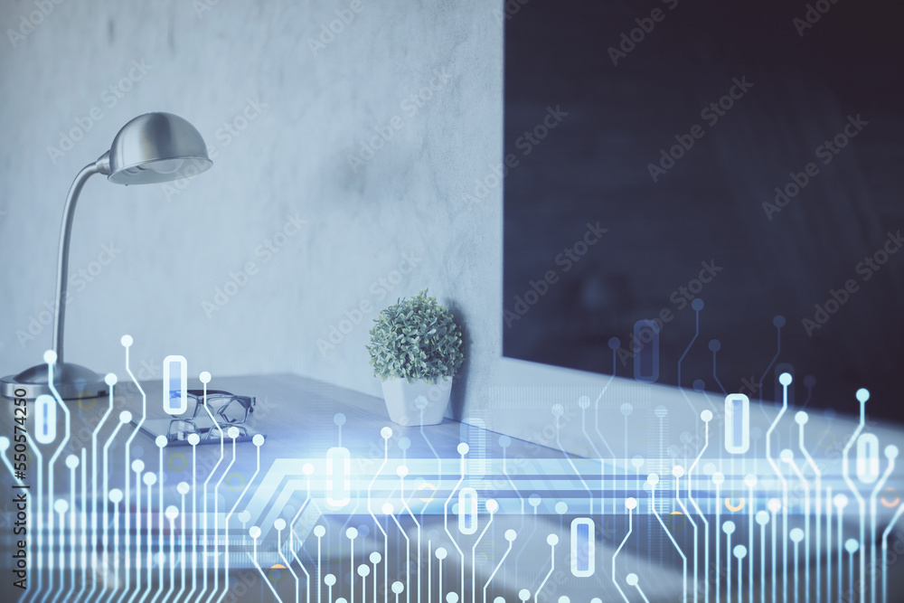 Poster Double exposure of desktop computer and technology theme hologram. Concept of software development.