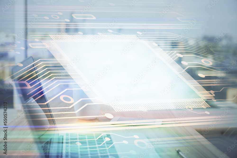 Poster Double exposure of desktop computer and technology theme hologram. Concept of software development.