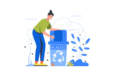 People collecting garbage modern flat concept. Young woman throws away plastic bottle in special recycling bin. Environmental protection. Illustration with people scene for web banner design