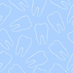 Vector seamless pattern with teeth on a blue background. Illustration on the theme of dentistry. The pattern of teeth. Stomatology concept outline illustration