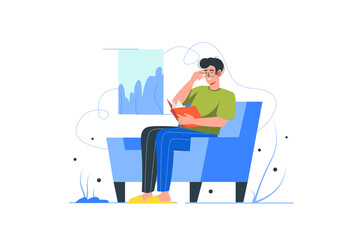 Obraz na płótnie Canvas People reading book modern flat concept. Young man sitting in chair and reads novel. Student studying textbook and preparing for exams. Illustration with people scene for web banner design