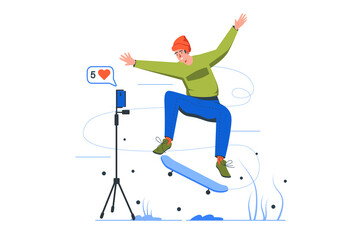 Video streaming modern flat concept. young man shows extreme tricks on skateboard and broadcasts online to blog. Blogger makes content. Illustration with people scene for web banner design