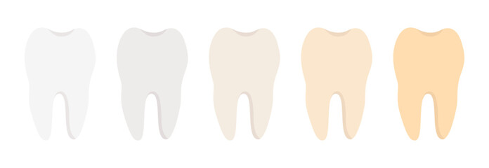 Tooth dental plaque stages icon set. Teeth in different stages of color change development. Flat cartoon vector illustration isolated on background. Dental hygiene, whitening, and treatment concept.