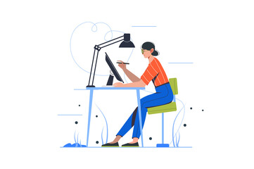Design studio modern flat concept. Woman illustrator draws on tablet, comes up with creative ideas. Painter creates artwork in agency. Illustration with people scene for web banner design - obrazy, fototapety, plakaty
