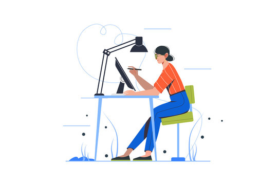 Design studio modern flat concept. Woman illustrator draws on tablet, comes up with creative ideas. Painter creates artwork in agency. Illustration with people scene for web banner design