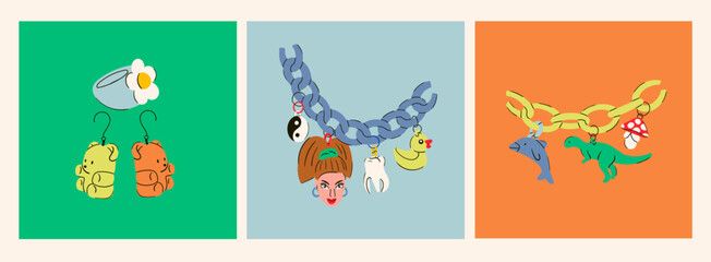 Plastic acrylic fake jewelry. Camomile ring, bear shaped earrings. Necklace chains with various pendants: doll's head, tooth, duck, mushroom, dinosaur, dolphin. Hand drawn Vector illustrations