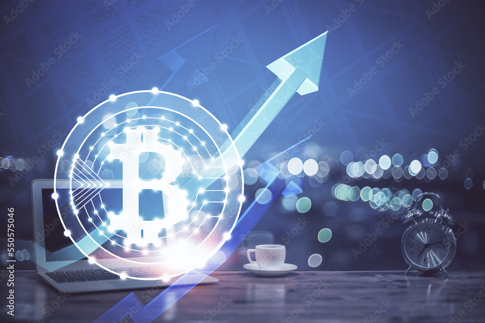 Aufkleber Multi exposure of blockchain theme hologram and table with computer background. Concept of bitcoin crypto currency.