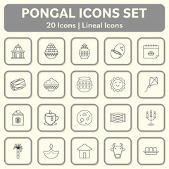 Set Of 20 Black Lineal Pongal Celebration Icons On Square Background In Grey And Beige Color.