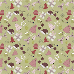 Seamless pattern of rosy brown gift bag, rose ebony santa cap, bow, middle red purple xmas tree, pale pink bell, leafs, gift box, snow color stars, dark khaki color cup and ball on sage background.