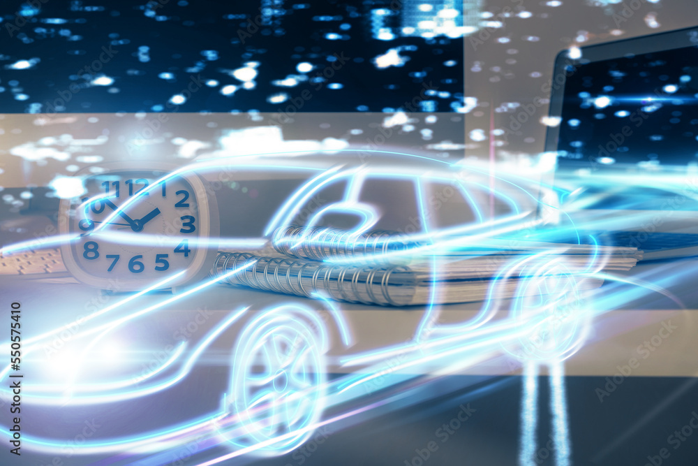 Poster Desktop computer background in office with automobile hologram drawing. Multi exposure. Tech concept.