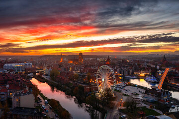 Beautiful sunset over the Motlawa river in Gdansk. Poland