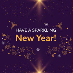 Have A Sparkling New Year! Font With Doodle Festival Elements And Flare Effect On Purple Background.