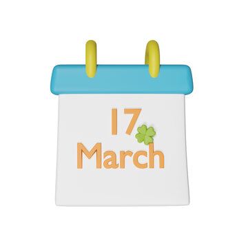 3D Render Of 17 March Text With Clover Leaf In Calendar For St Patrick's Day Element.