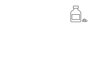 Drugstore. Medicine bottle and pills. Medicament. Black and white icon