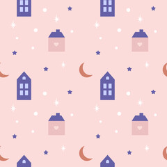 Cozy scandinavian pattern winter home. Merry Christmas and Happy New Year pattern. Cozy background pink for girl 