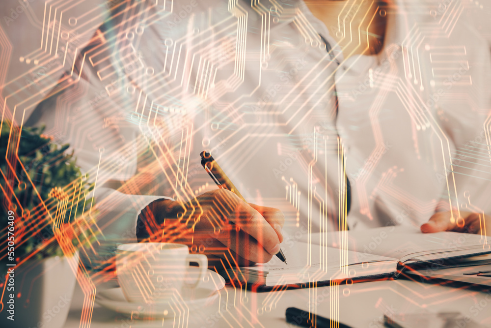 Poster Close up of human hands background and abstract innovative technologies for industries. Multi exposure.