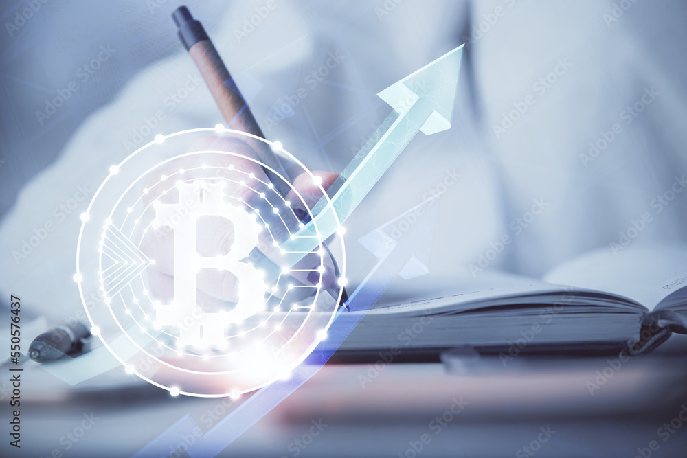 Poster cryptocurrency hologram over woman's hands writing background. concept of blockchain. double exposur