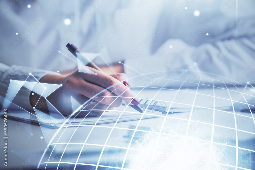 Poster multi exposure of hands making notes with world map hologram and data theme icons. concept of global