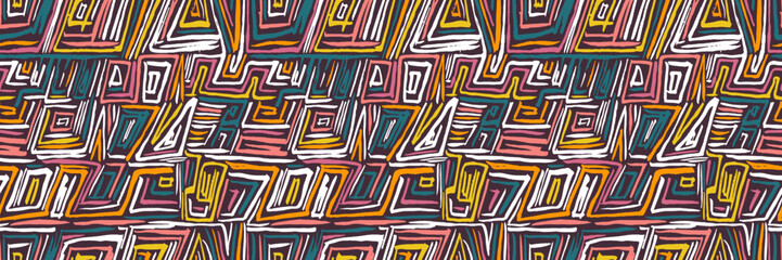 Grunge doodles pattern. Tribal ornament seamless pattern. Grunge ethnic background. Boho hippie style pattern. Modern fabric design. 80s or 90s clothes fabric. Contemporary ornaments.