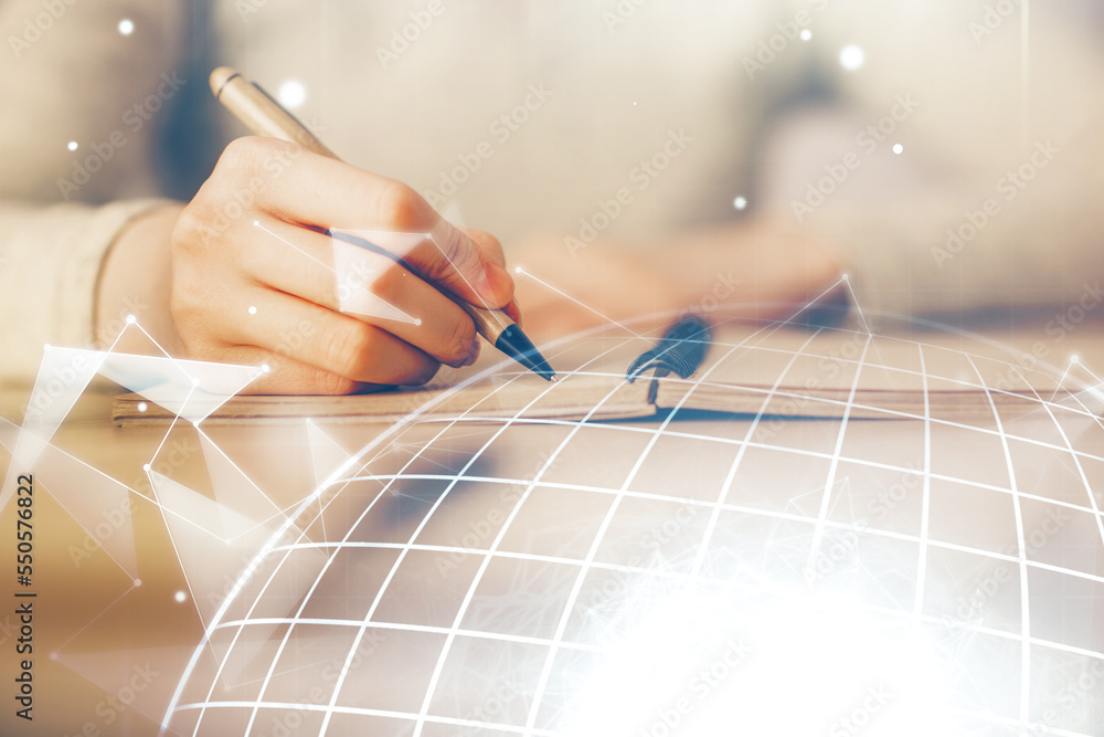 Poster multi exposure of hands making notes with world map hologram and data theme icons. concept of global