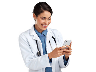 PNG Studio shot of a young doctor using a smartphone against an isolated transparent png background.