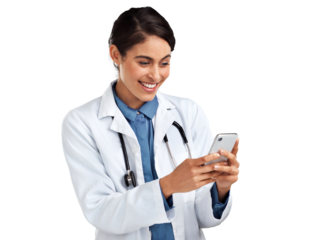 PNG Studio shot of a young doctor using a smartphone against an isolated transparent png background.