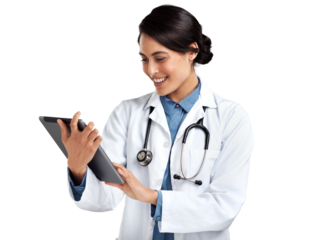 PNG Studio shot of a young doctor using a digital tablet against an isolated transparent png background.