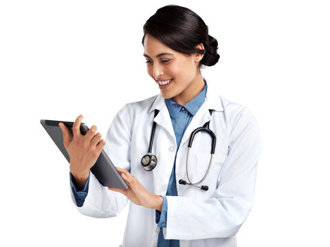 PNG Studio Shot Of A Young Doctor Using A Digital Tablet Against An Isolated Transparent Png Background.