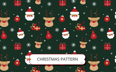 Christmas Pattern. Cute santa claus and reindeer, presents with green background. Seamless pattern. Christmas season decorative pattern. Wrapping paper design.