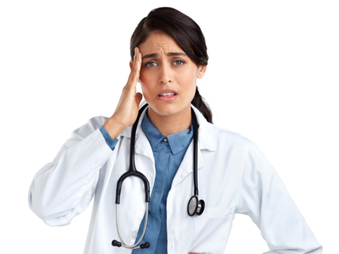 PNG Studio shot of a young doctor experiencing stress against an isolated transparent png background.