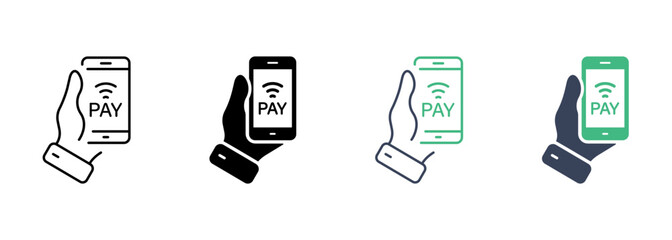 Hand Hold Smartphone for Payment Money Line and Silhouette Icon Set. Banking Service in Cellphone Pictogram. Contactless Pay Technology in Mobile Phone Symbol Collection. Isolated Vector Illustration