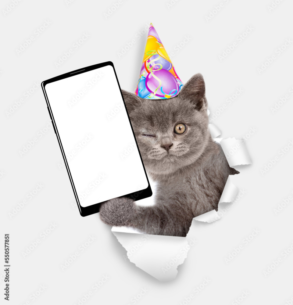 Aufkleber Winking kitten wearing party cap holds smartphone with white blank screen in it paw through torn white paper hole. Empty free space for mock up, banner