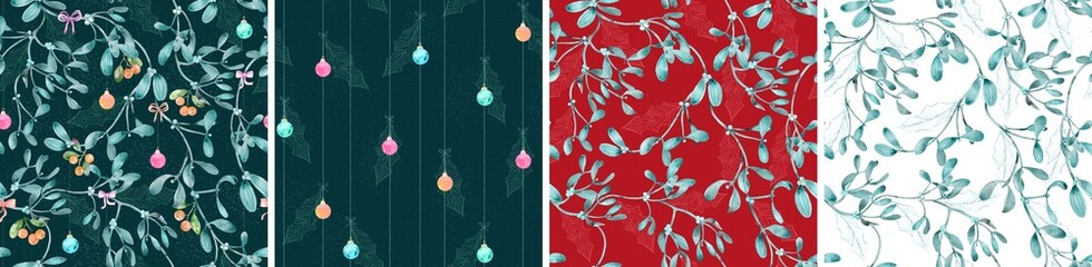Watercolor Mistletoe Holiday seamless pattern collection, Christmas hand drawn botanical backgrounds