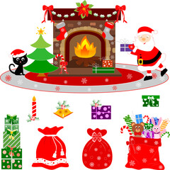 Isolated Christmas illustrations of Santa Clause, fire place, Christmas presents and decor