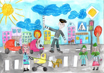Child drawing buildings and cars. Happy family on a walk. Traffic controller. Pencil art in childish style