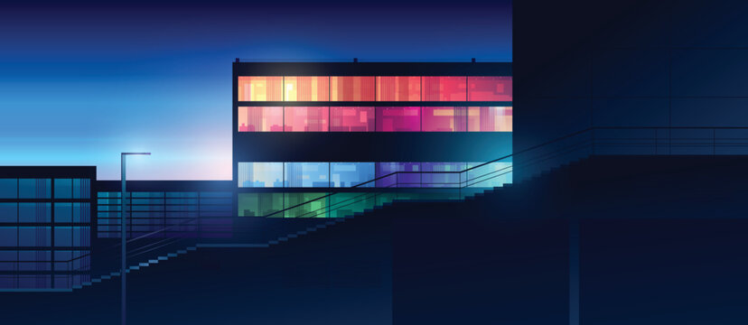 Futuristic night city. Cityscape on a colorful background with bright and glowing neon lights. Wide city front perspective view. Cyberpunk and retro wave style illustration.