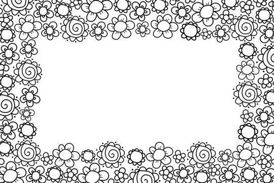 Rectangular black floral frame on a transparent background. Vector image. Blank for greetings, announcements, banners.