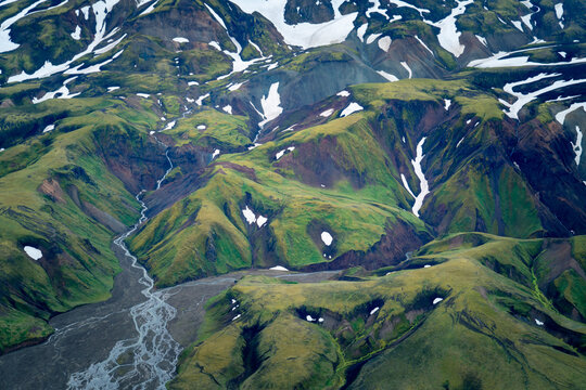 Aerial Plane overview of the mossy mountains of Iceland
