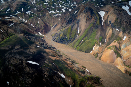 Aerial Overview of Remote Valley of Landmannalaugar, Iceland