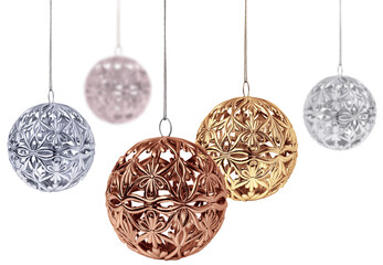 Five shiny silver, gold, copper, metallic colors Christmas balls hanging, isolated