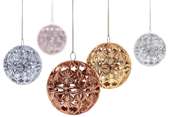 Five shiny silver, gold, copper, metallic colors Christmas balls hanging, isolated