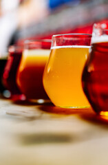 Glasses with different craft beer on wooden bar counter